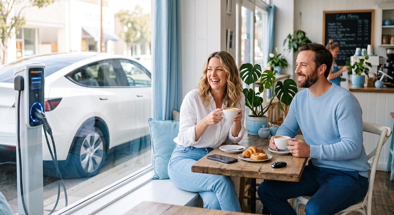 Dois condutores com café à janela, e um carro elétrico a carregar na rua.